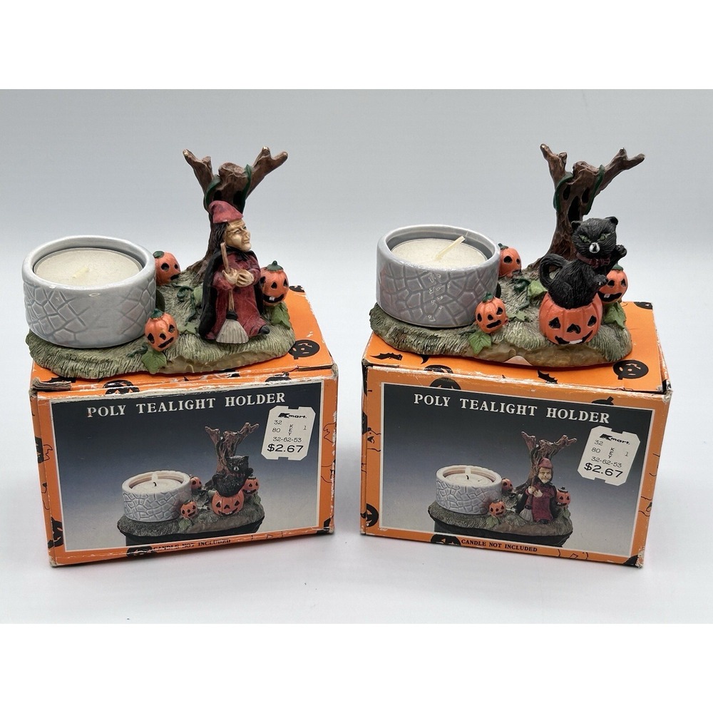 Vintage Kmart Halloween Poly Tealight Holder Lot Of 2 Witch & Cat W/ Pumpkins